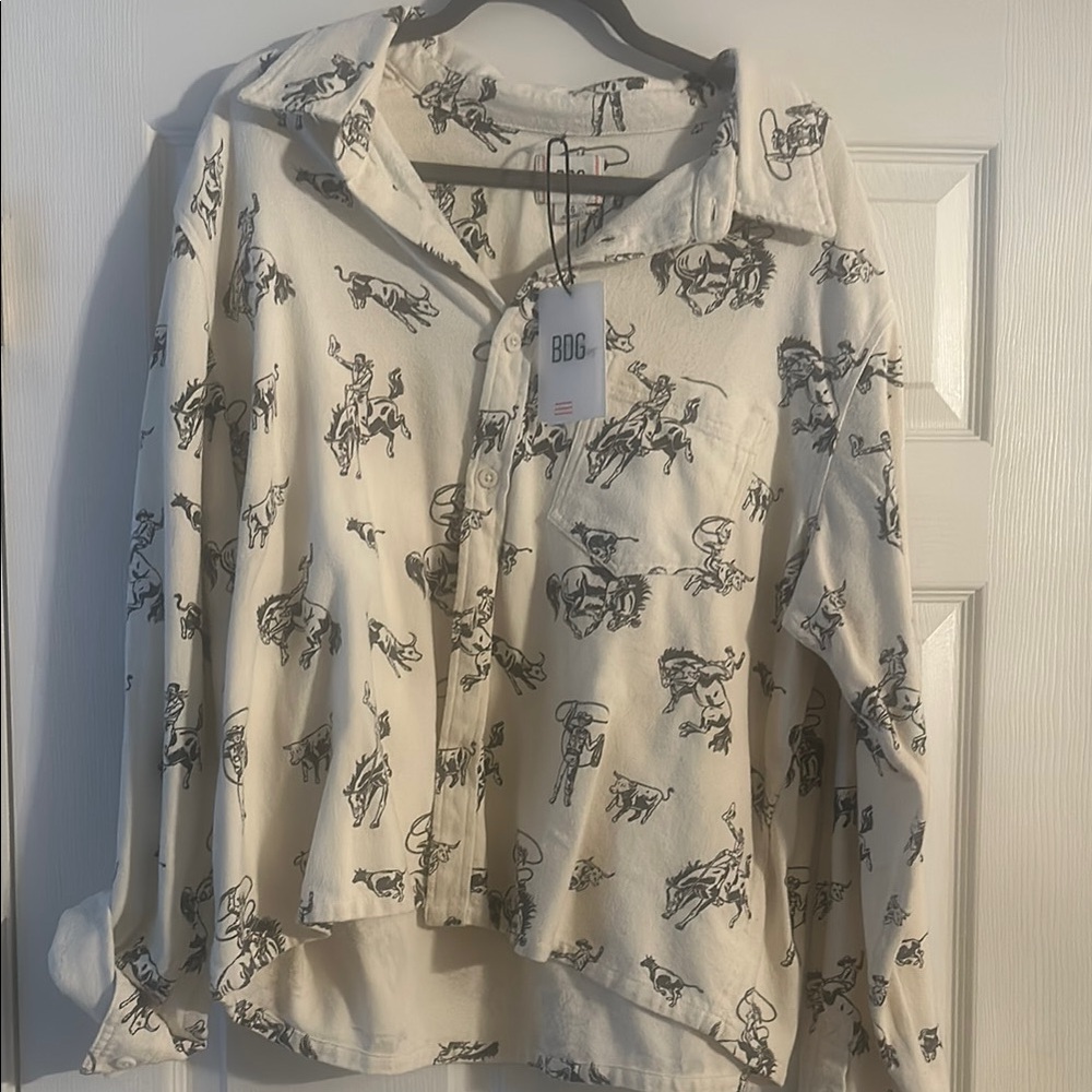Urban Outfitters Cream Button-Up Shirt with Black Rodeo Print